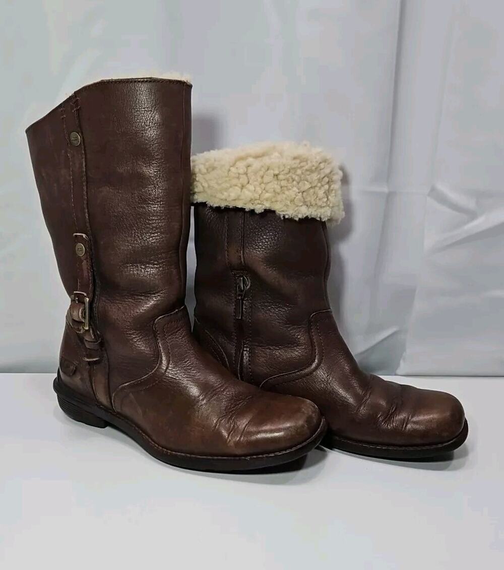 Ugg Bellvue Shearling Fold Ladies Brown Leather Boots Size 6